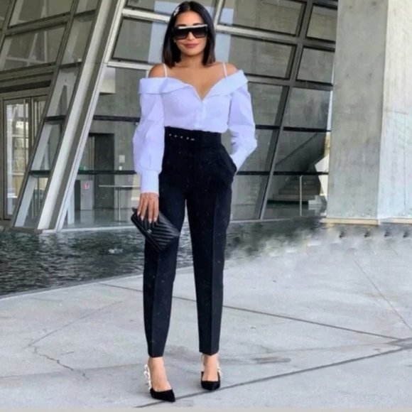 ZARA HIGH-WAISTED PANTS WITH FABRIC-COVERED BELT - Picture 5 of 8